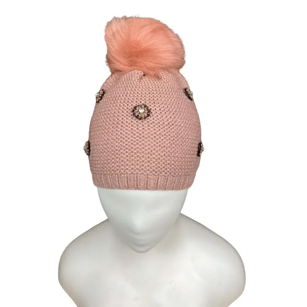 Neiman Marcus Hat Pom Beanie Pink Tan Blush Floral Embellished Bling One Size